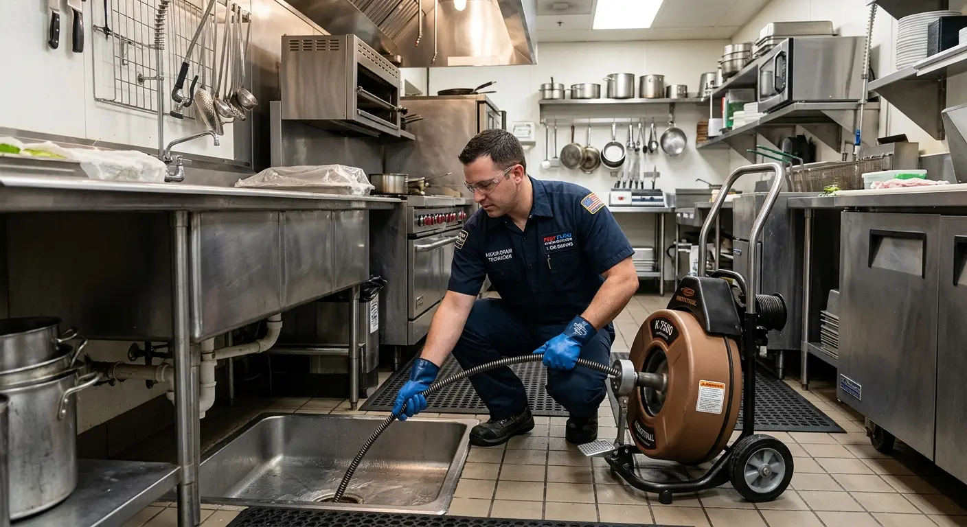 Commercial drain cleaning service in a restaurant kitchen in Darien