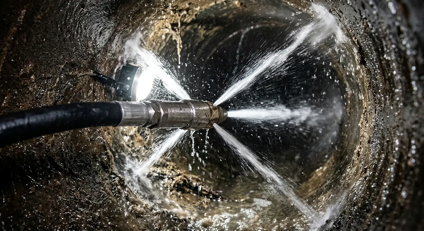 High-pressure hydro jetting nozzle cleaning sewer pipe for Sewer Cleanout in Darien
