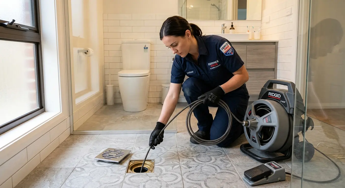 Technician clearing a bathroom floor drain for Clogged Drain Repair in Darien